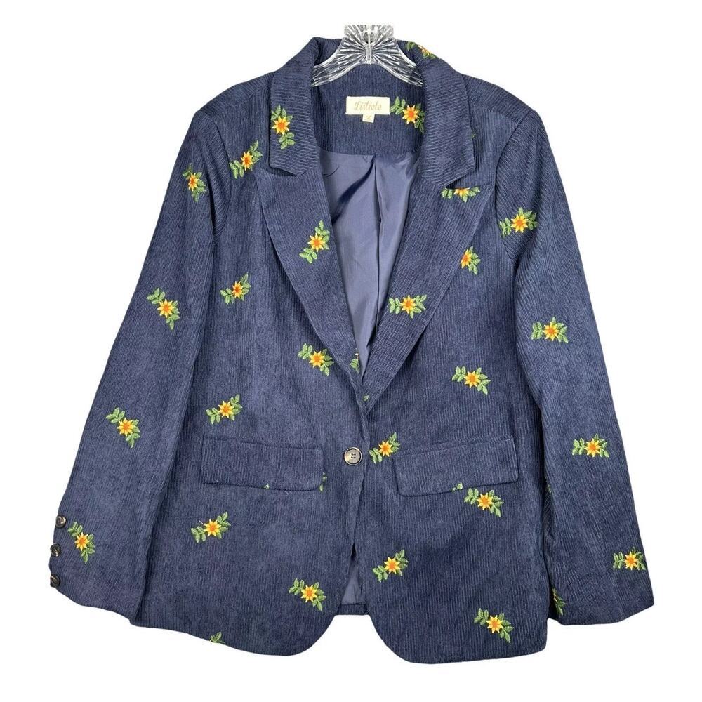 Listicle Floral Embroidered Corduroy Blazer Navy Blue L Boho Cottagecore preppy - Picture 2 of 7